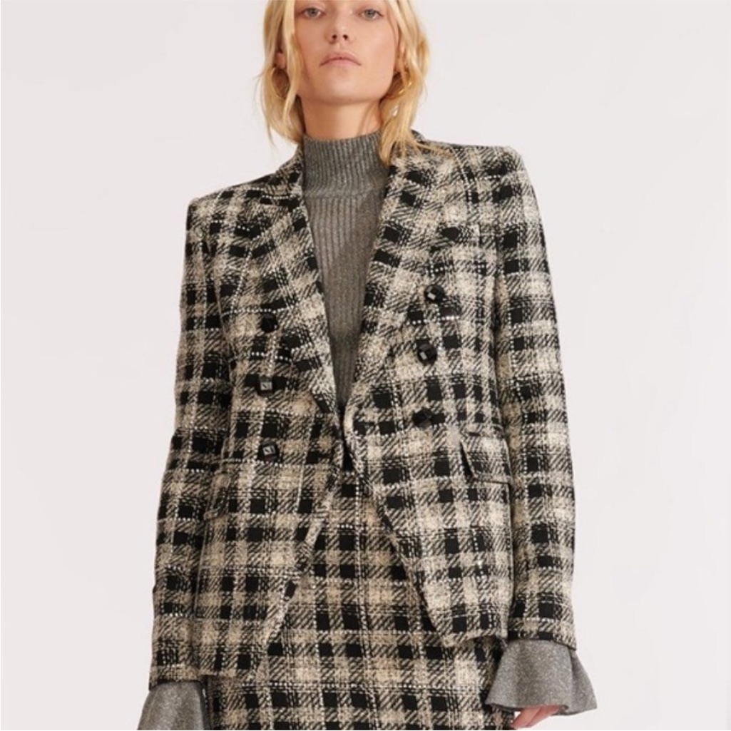 $798 Veronica Beard Miller Plaid Tweed Dickey Jacket With Rhinestones - Size 2